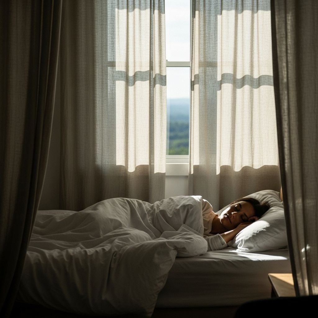 Person sleeping peacefully in a softly lit bedroom with natural light coming through linen curtains, conveying deep restorative rest and calm